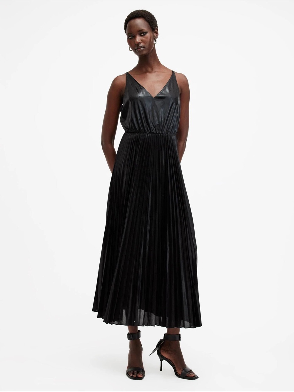 AllSaints Black Metallic Pleated Maxi Dress